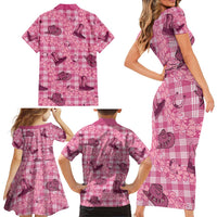 Pink Palaka Hawaii Cowboy Family Matching Short Sleeve Bodycon Dress and Hawaiian Shirt Puakenikeni Lei Paniolo Papale Seamless Vibes - Polynesian Pride