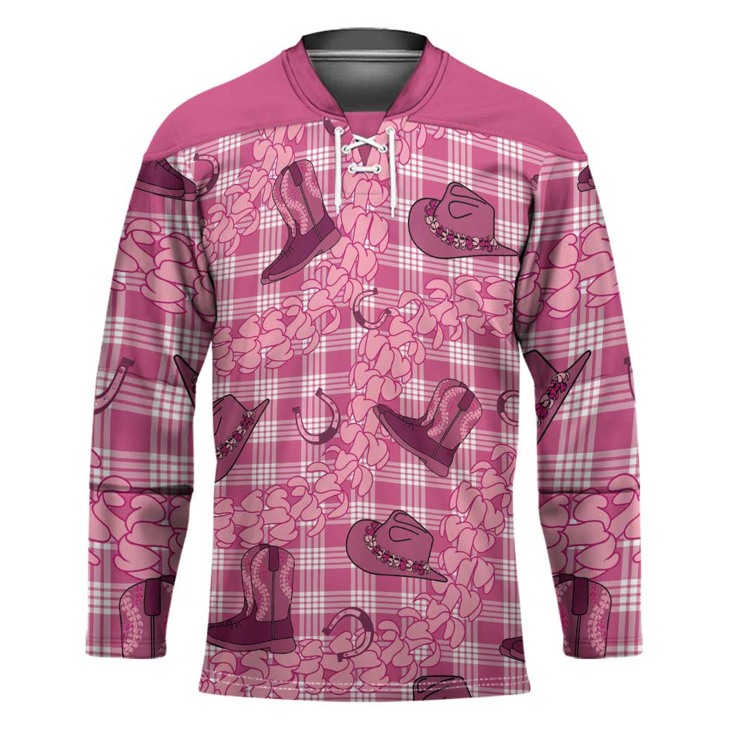 Pink Palaka Hawaii Cowboy Hockey Jersey Puakenikeni Lei Paniolo Papale Seamless Vibes - Polynesian Pride