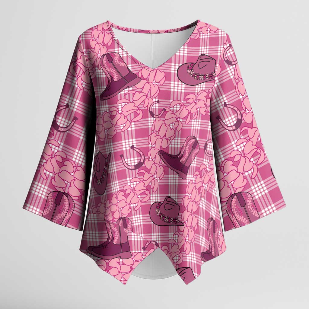 Pink Palaka Hawaii Cowboy Kimono Sleeve Blouse Puakenikeni Lei Paniolo Papale Seamless Vibes - Polynesian Pride
