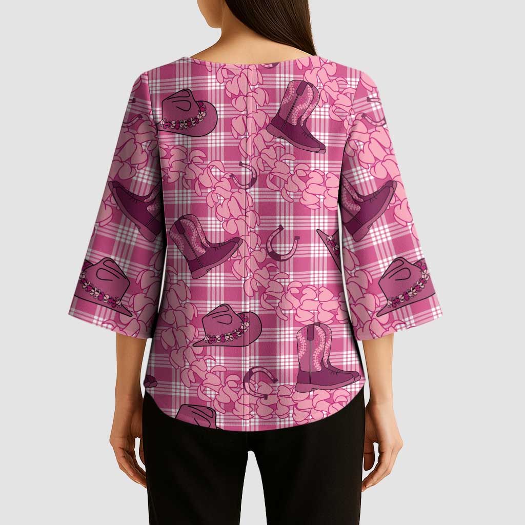 Pink Palaka Hawaii Cowboy Kimono Sleeve Blouse Puakenikeni Lei Paniolo Papale Seamless Vibes - Polynesian Pride