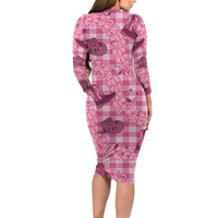 Pink Palaka Hawaii Cowboy Long Sleeve Bodycon Dress Puakenikeni Lei Paniolo Papale Seamless Vibes - Polynesian Pride