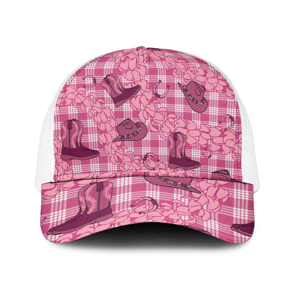 Pink Palaka Hawaii Cowboy Mesh Trucker Cap Puakenikeni Lei Paniolo Papale Seamless Vibes - Polynesian Pride