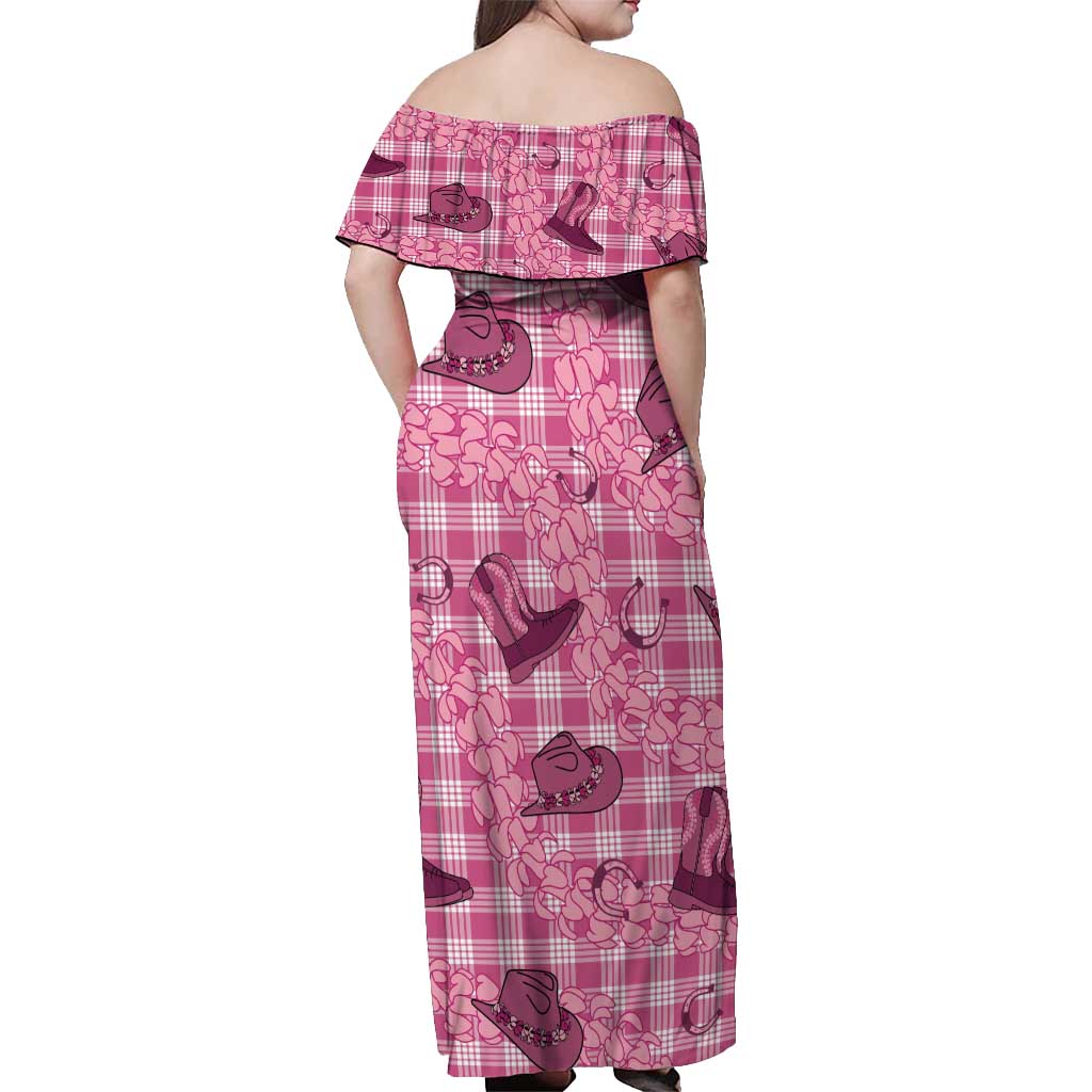 Pink Palaka Hawaii Cowboy Off Shoulder Maxi Dress Puakenikeni Lei Paniolo Papale Seamless Vibes - Polynesian Pride