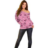 Pink Palaka Hawaii Cowboy Off Shoulder Sweater Puakenikeni Lei Paniolo Papale Seamless Vibes - Polynesian Pride