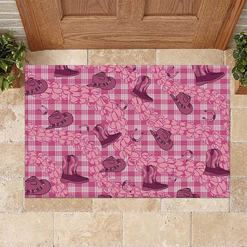 Pink Palaka Hawaii Cowboy Rubber Doormat Puakenikeni Lei Paniolo Papale Seamless Vibes - Polynesian Pride
