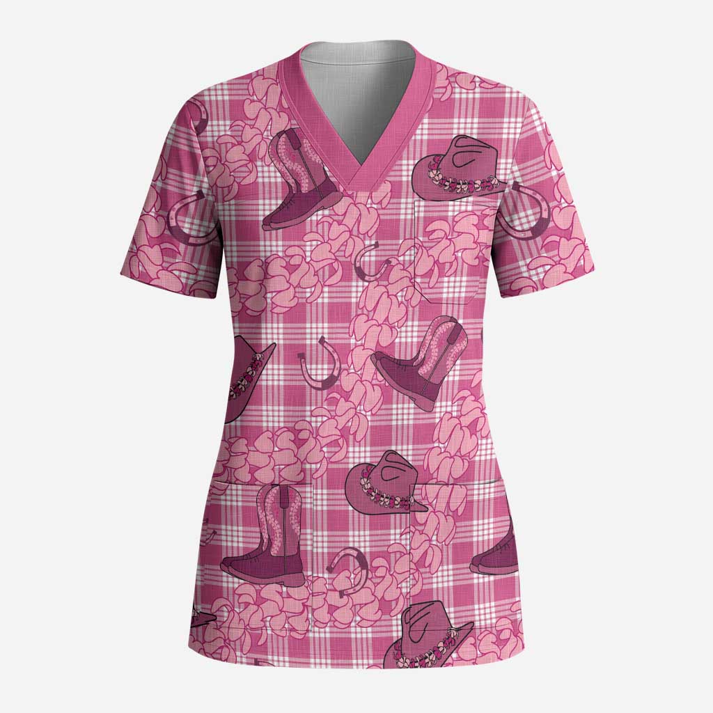 Pink Palaka Hawaii Cowboy Scrub Top Puakenikeni Lei Paniolo Papale Seamless Vibes - Polynesian Pride