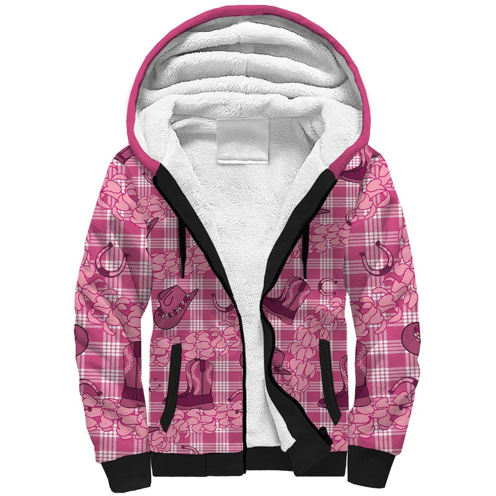 Pink Palaka Hawaii Cowboy Sherpa Hoodie Puakenikeni Lei Paniolo Papale Seamless Vibes - Polynesian Pride