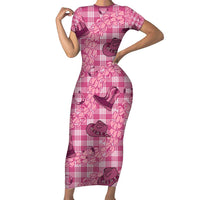 Pink Palaka Hawaii Cowboy Short Sleeve Bodycon Dress Puakenikeni Lei Paniolo Papale Seamless Vibes - Polynesian Pride