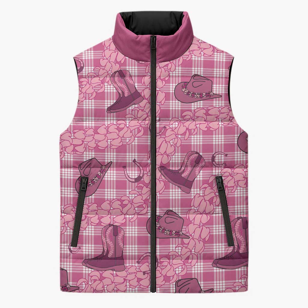 Pink Palaka Hawaii Cowboy Sleeveless Puffer Jacket Puakenikeni Lei Paniolo Papale Seamless Vibes - Polynesian Pride