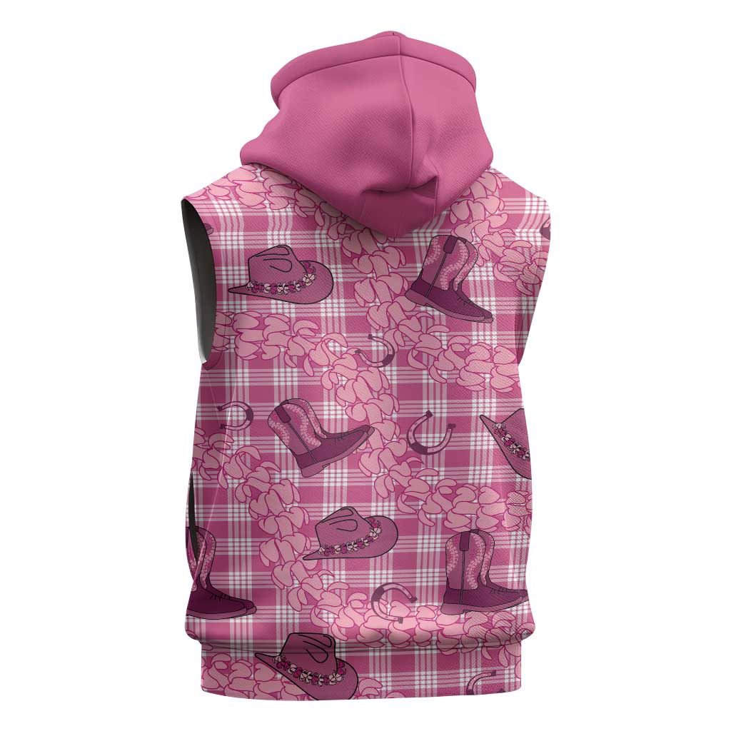 Pink Palaka Hawaii Cowboy Sleeveless Zip Hoodie Puakenikeni Lei Paniolo Papale Seamless Vibes - Polynesian Pride