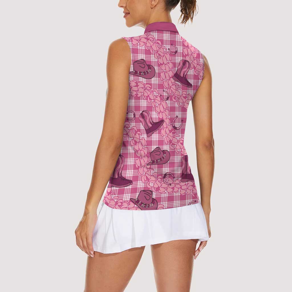 Pink Palaka Hawaii Cowboy Women Sleeveless Polo Shirt Puakenikeni Lei Paniolo Papale Seamless Vibes - Polynesian Pride