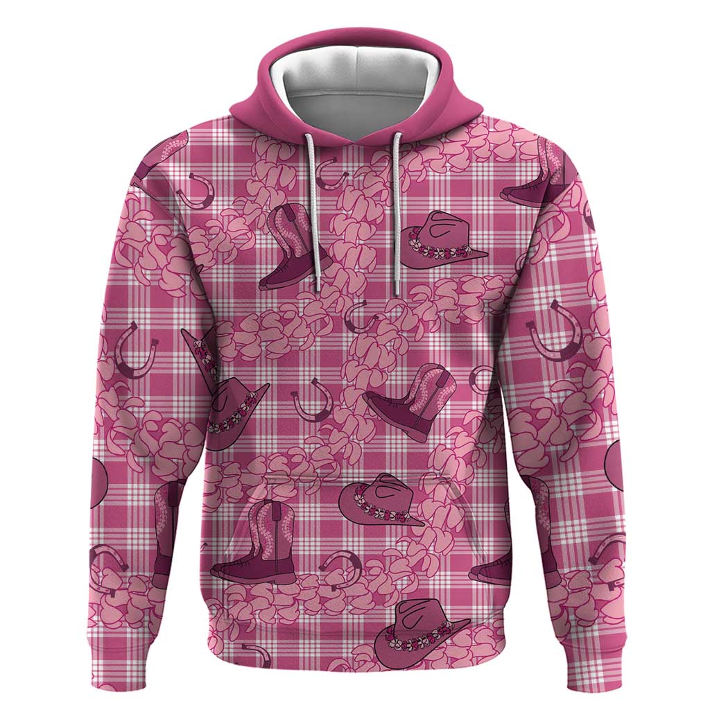 Pink Palaka Hawaii Cowboy Zip Hoodie Puakenikeni Lei Paniolo Papale Seamless Vibes - Polynesian Pride