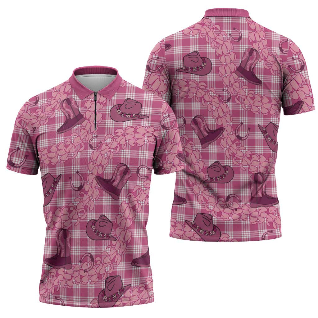 Pink Palaka Hawaii Cowboy Zipper Polo Shirt Puakenikeni Lei Paniolo Papale Seamless Vibes - Polynesian Pride