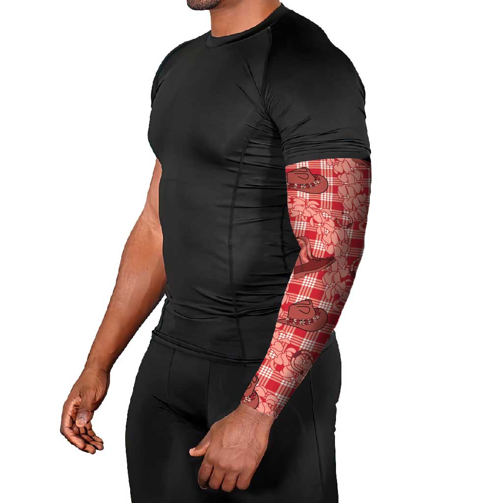 Red Palaka Hawaii Cowboy Arm Sleeves Puakenikeni Lei Paniolo Papale Seamless Vibes - Polynesian Pride