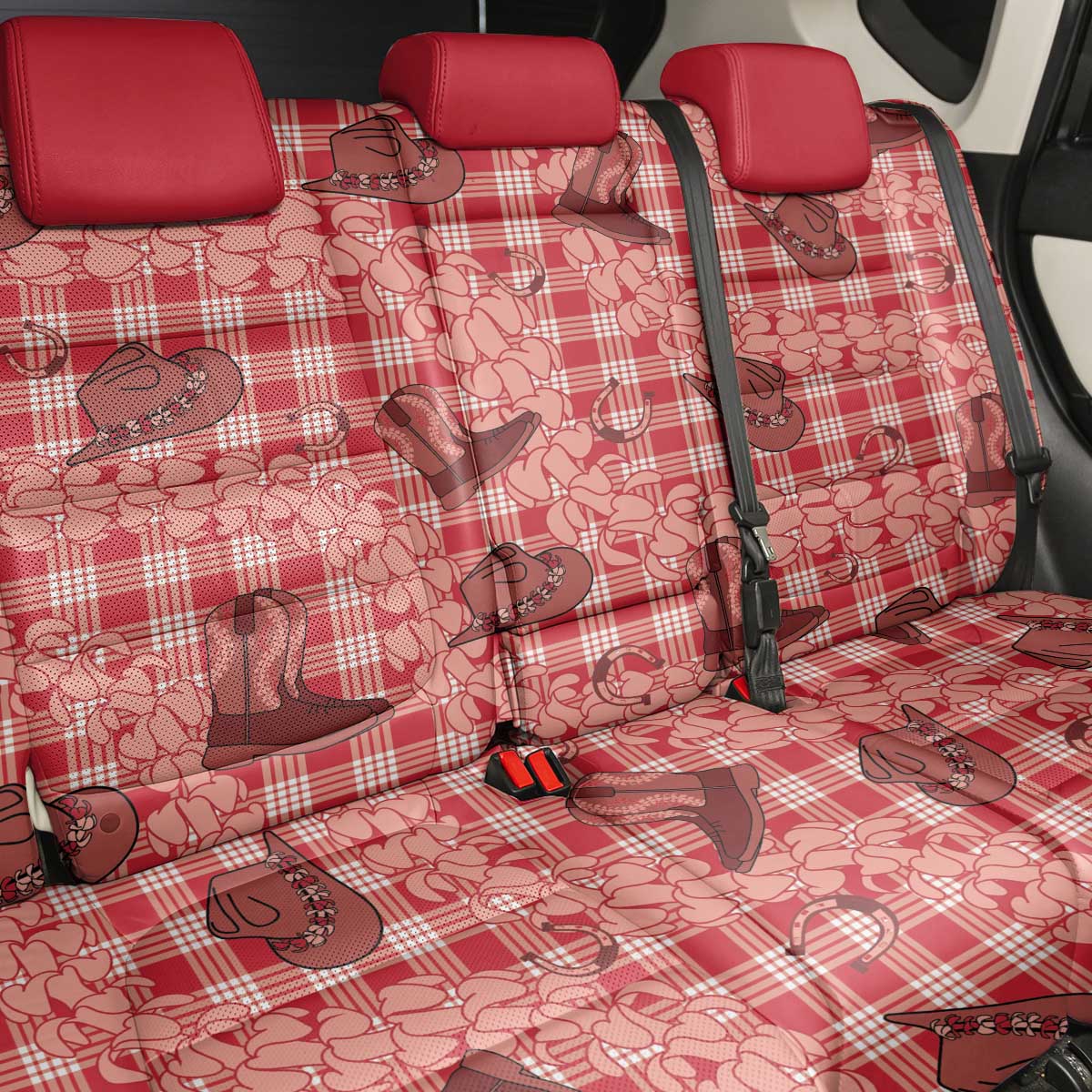 Red Palaka Hawaii Cowboy Back Car Seat Cover Puakenikeni Lei Paniolo Papale Seamless Vibes - Polynesian Pride