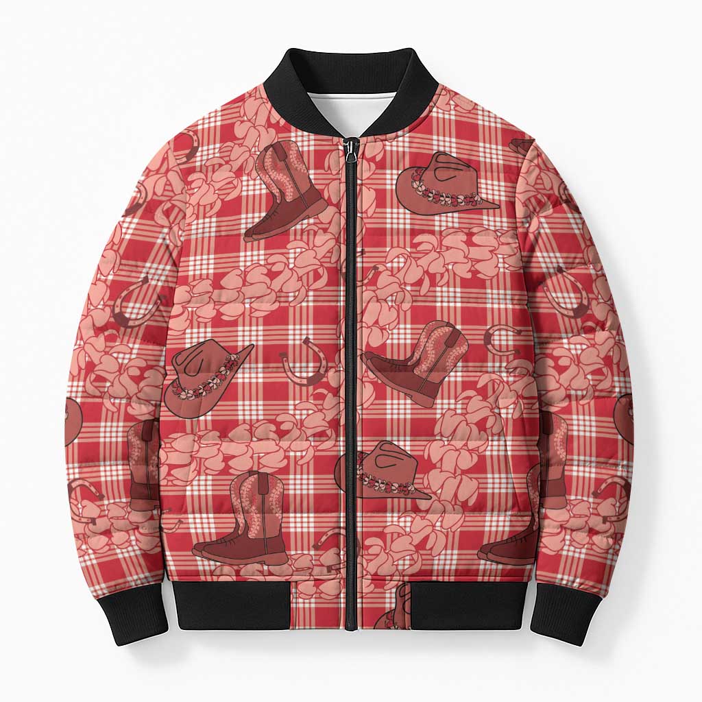 Red Palaka Hawaii Cowboy Bomber Puffer Jacket Puakenikeni Lei Paniolo Papale Seamless Vibes - Polynesian Pride
