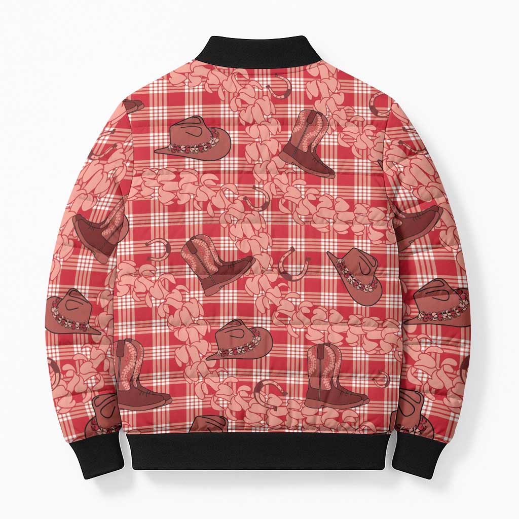 Red Palaka Hawaii Cowboy Bomber Puffer Jacket Puakenikeni Lei Paniolo Papale Seamless Vibes - Polynesian Pride