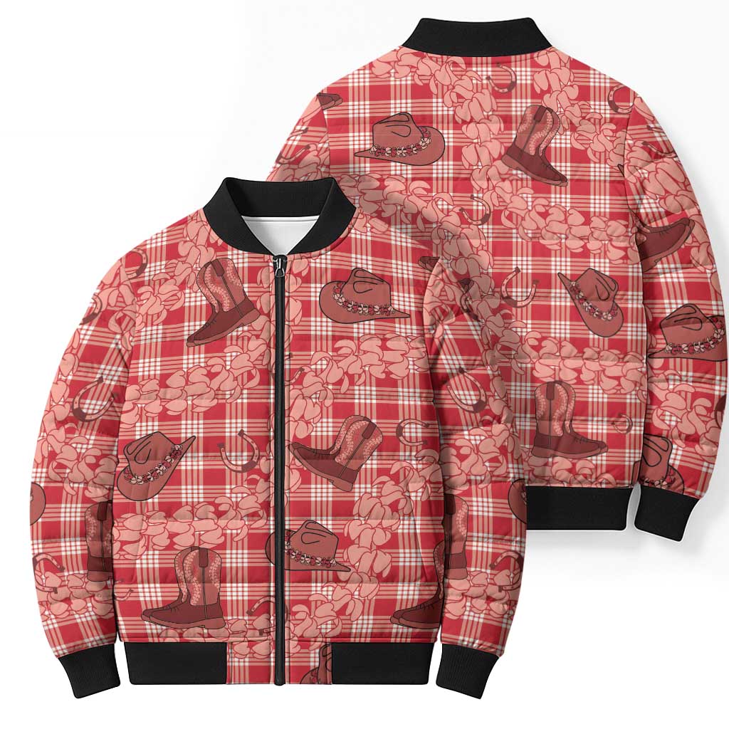 Red Palaka Hawaii Cowboy Bomber Puffer Jacket Puakenikeni Lei Paniolo Papale Seamless Vibes - Polynesian Pride