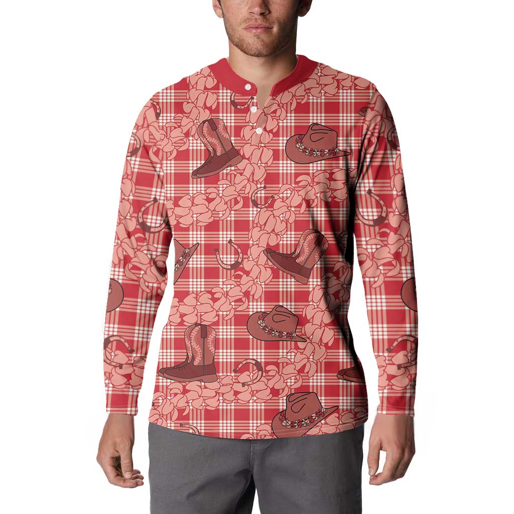 Red Palaka Hawaii Cowboy Button Sweatshirt Puakenikeni Lei Paniolo Papale Seamless Vibes - Polynesian Pride