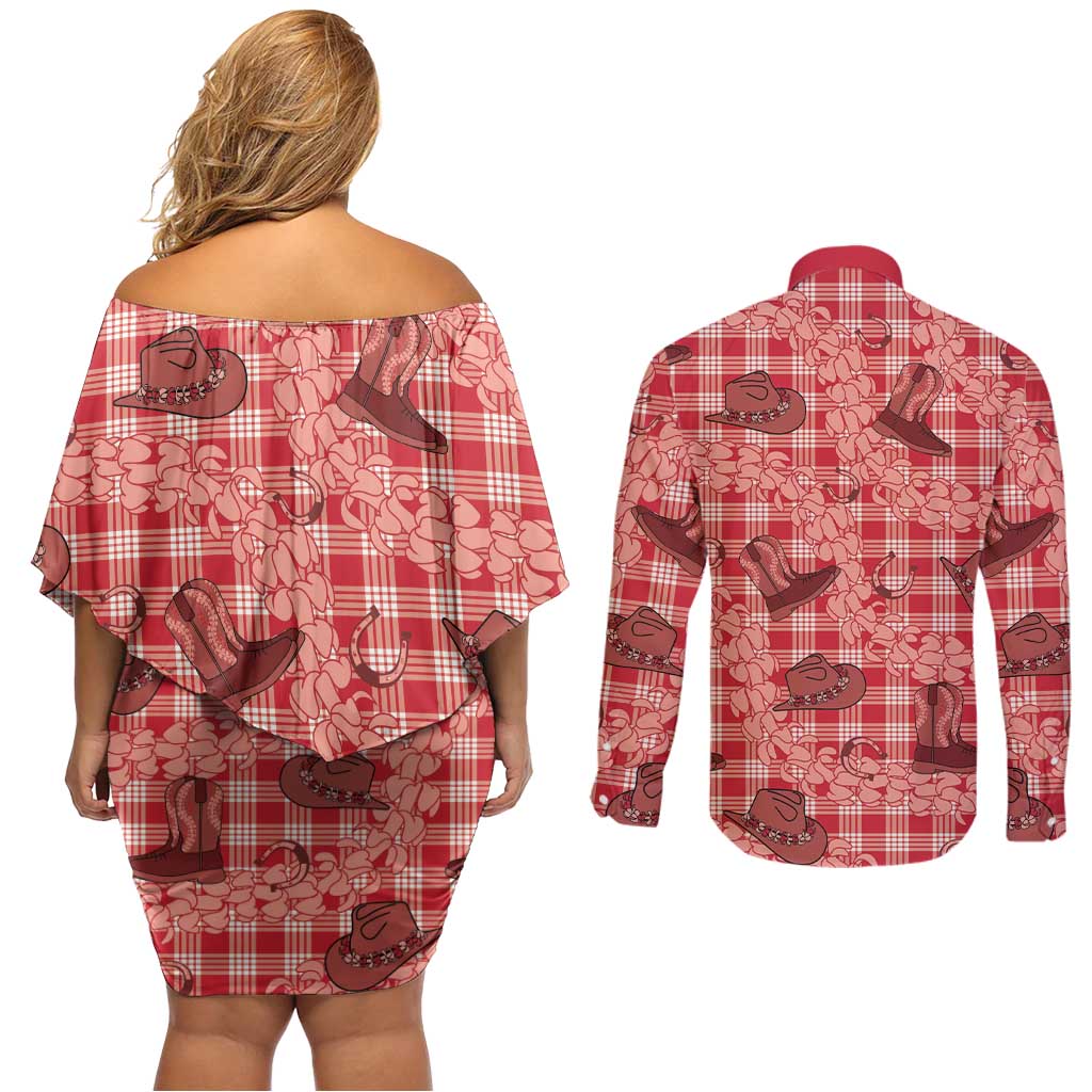 Red Palaka Hawaii Cowboy Couples Matching Off Shoulder Short Dress and Long Sleeve Button Shirt Puakenikeni Lei Paniolo Papale Seamless Vibes - Polynesian Pride