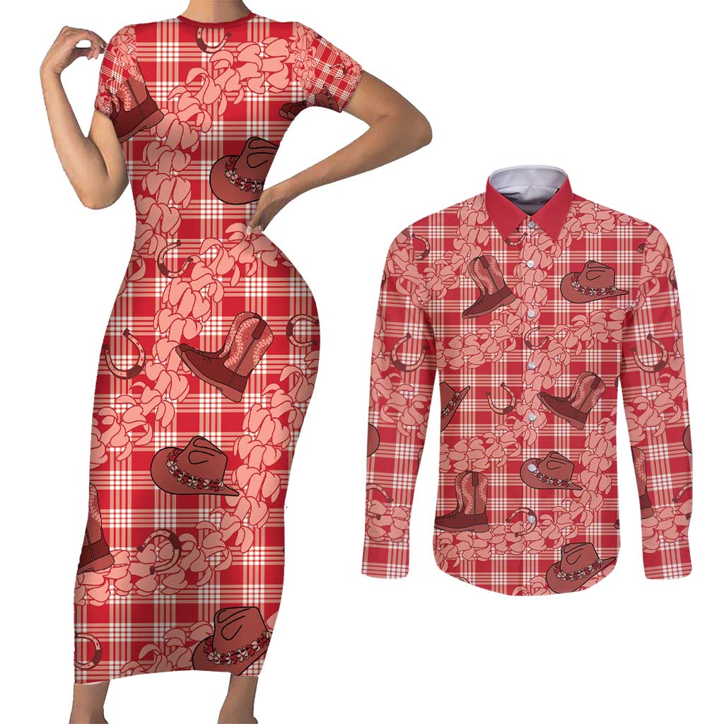 Red Palaka Hawaii Cowboy Couples Matching Short Sleeve Bodycon Dress and Long Sleeve Button Shirt Puakenikeni Lei Paniolo Papale Seamless Vibes - Polynesian Pride