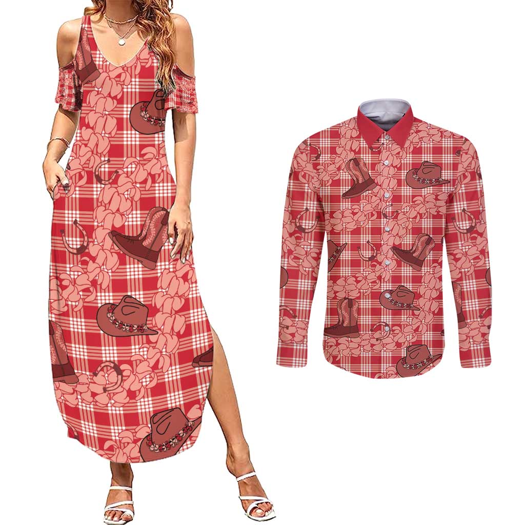 Red Palaka Hawaii Cowboy Couples Matching Summer Maxi Dress and Long Sleeve Button Shirt Puakenikeni Lei Paniolo Papale Seamless Vibes - Polynesian Pride