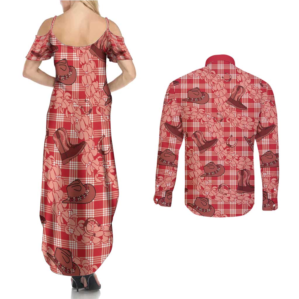 Red Palaka Hawaii Cowboy Couples Matching Summer Maxi Dress and Long Sleeve Button Shirt Puakenikeni Lei Paniolo Papale Seamless Vibes - Polynesian Pride