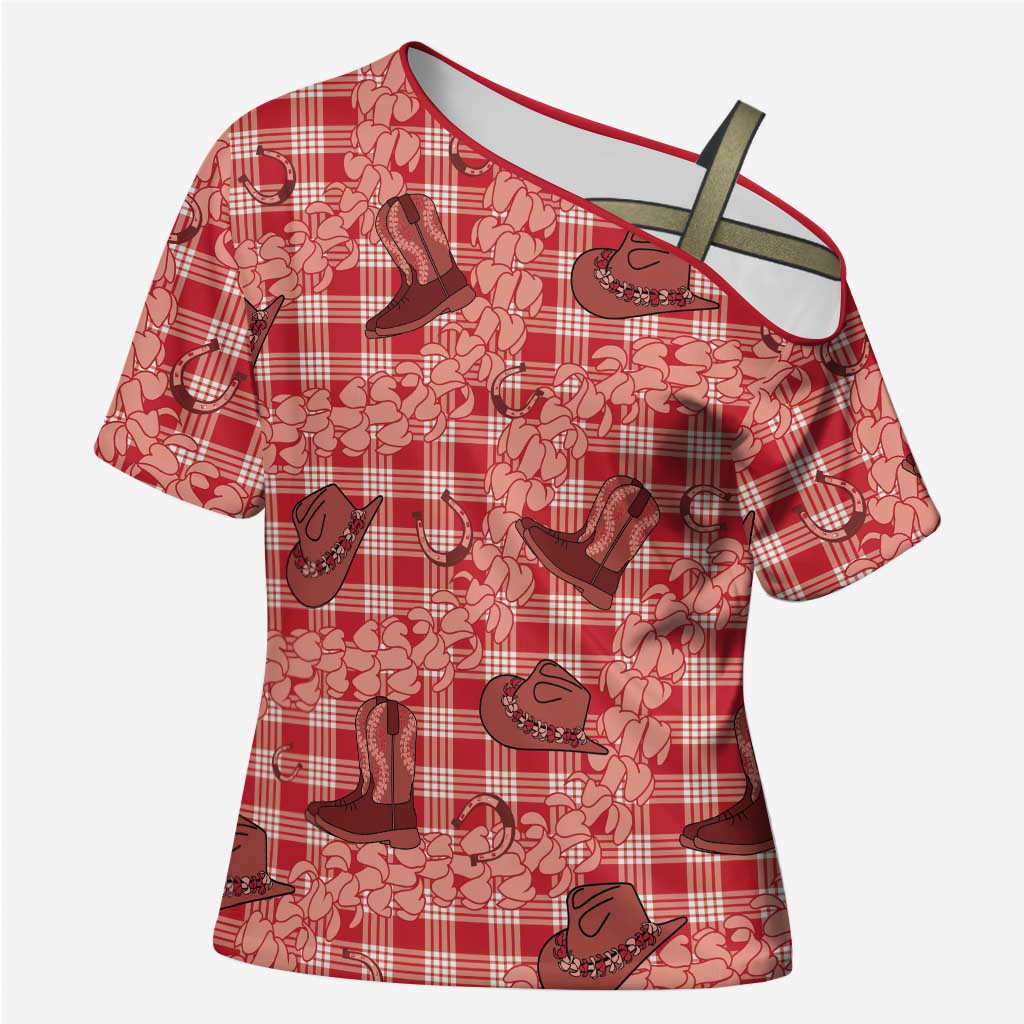 Red Palaka Hawaii Cowboy Cross Shoulder Shirt Puakenikeni Lei Paniolo Papale Seamless Vibes - Polynesian Pride