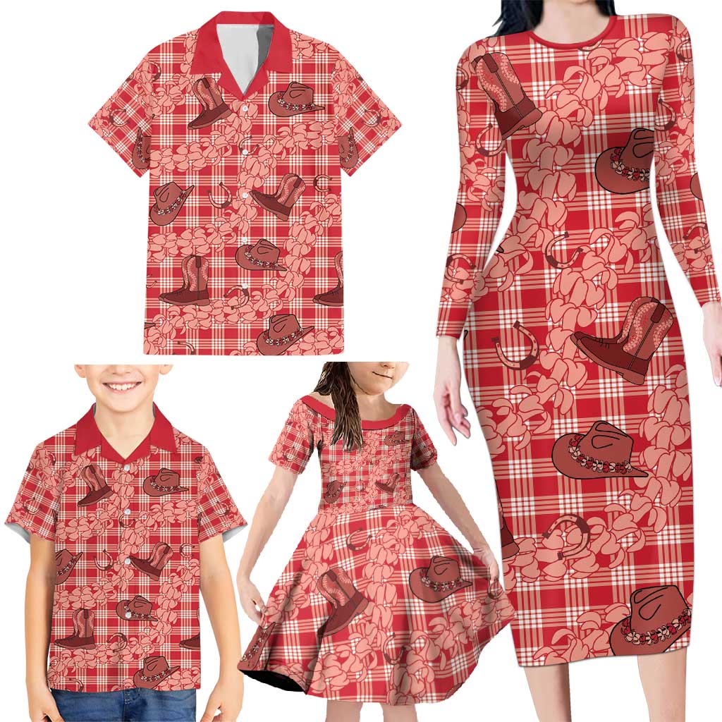 Red Palaka Hawaii Cowboy Family Matching Long Sleeve Bodycon Dress and Hawaiian Shirt Puakenikeni Lei Paniolo Papale Seamless Vibes - Polynesian Pride