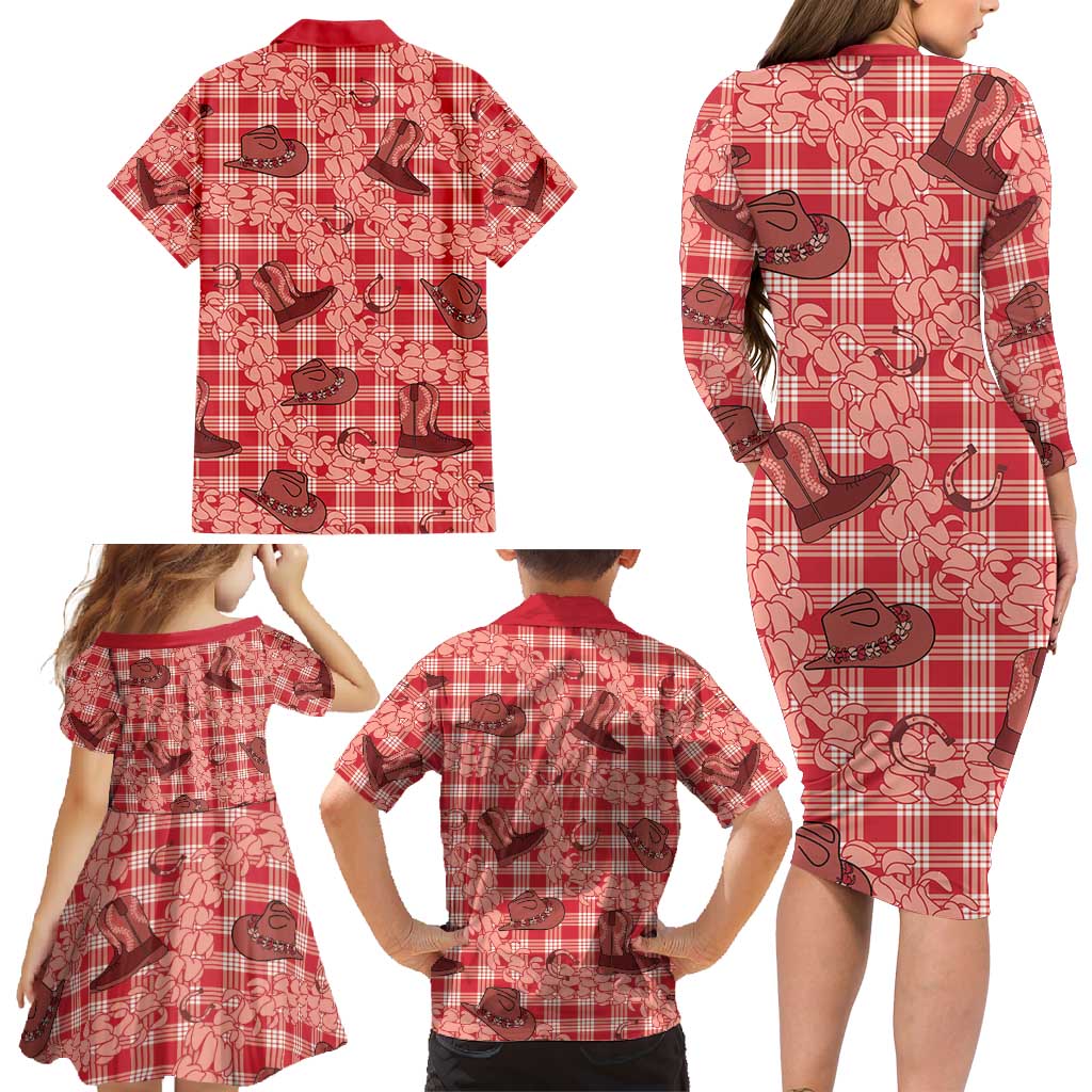 Red Palaka Hawaii Cowboy Family Matching Long Sleeve Bodycon Dress and Hawaiian Shirt Puakenikeni Lei Paniolo Papale Seamless Vibes - Polynesian Pride
