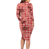 Red Palaka Hawaii Cowboy Family Matching Long Sleeve Bodycon Dress and Hawaiian Shirt Puakenikeni Lei Paniolo Papale Seamless Vibes - Polynesian Pride