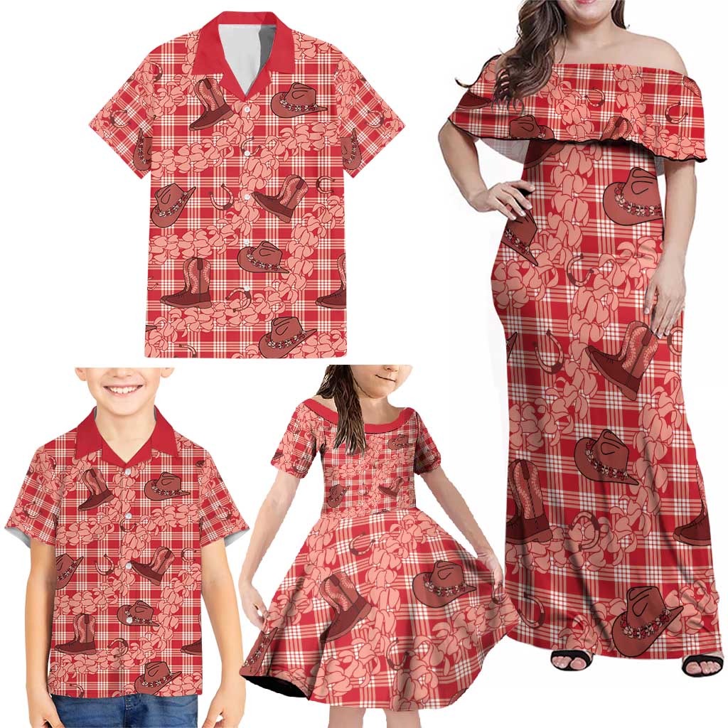 Red Palaka Hawaii Cowboy Family Matching Off Shoulder Maxi Dress and Hawaiian Shirt Puakenikeni Lei Paniolo Papale Seamless Vibes - Polynesian Pride