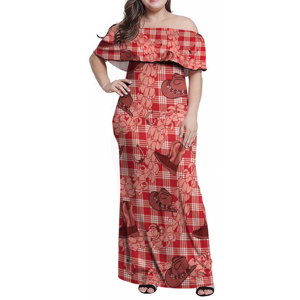 Red Palaka Hawaii Cowboy Family Matching Off Shoulder Maxi Dress and Hawaiian Shirt Puakenikeni Lei Paniolo Papale Seamless Vibes - Polynesian Pride