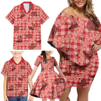 Red Palaka Hawaii Cowboy Family Matching Off Shoulder Short Dress and Hawaiian Shirt Puakenikeni Lei Paniolo Papale Seamless Vibes - Polynesian Pride