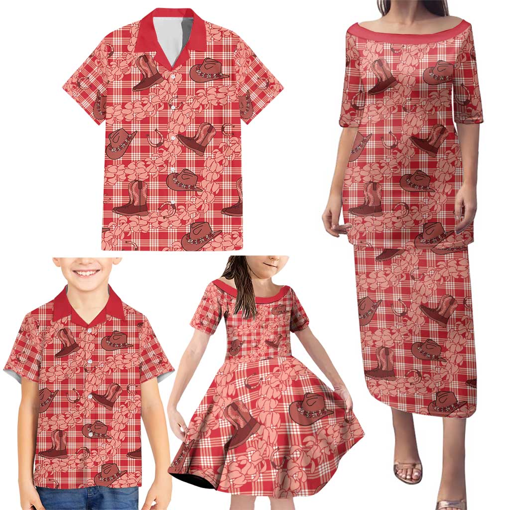 Red Palaka Hawaii Cowboy Family Matching Puletasi and Hawaiian Shirt Puakenikeni Lei Paniolo Papale Seamless Vibes - Polynesian Pride