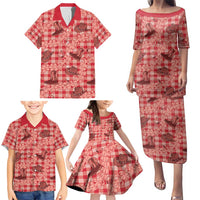Red Palaka Hawaii Cowboy Family Matching Puletasi and Hawaiian Shirt Puakenikeni Lei Paniolo Papale Seamless Vibes - Polynesian Pride