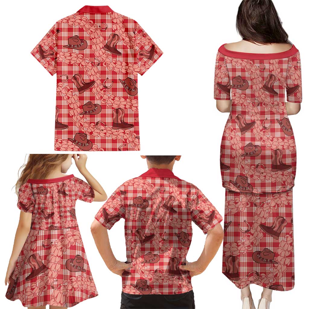 Red Palaka Hawaii Cowboy Family Matching Puletasi and Hawaiian Shirt Puakenikeni Lei Paniolo Papale Seamless Vibes - Polynesian Pride