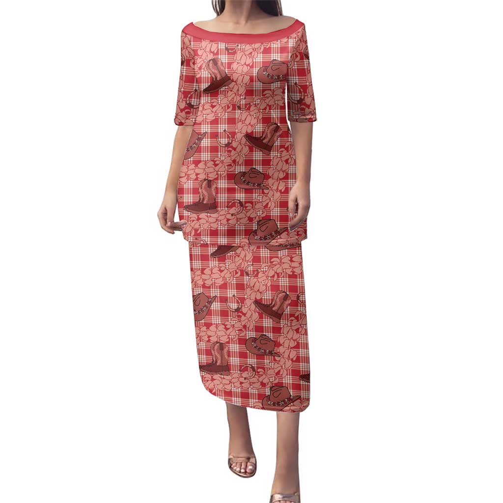 Red Palaka Hawaii Cowboy Family Matching Puletasi and Hawaiian Shirt Puakenikeni Lei Paniolo Papale Seamless Vibes - Polynesian Pride