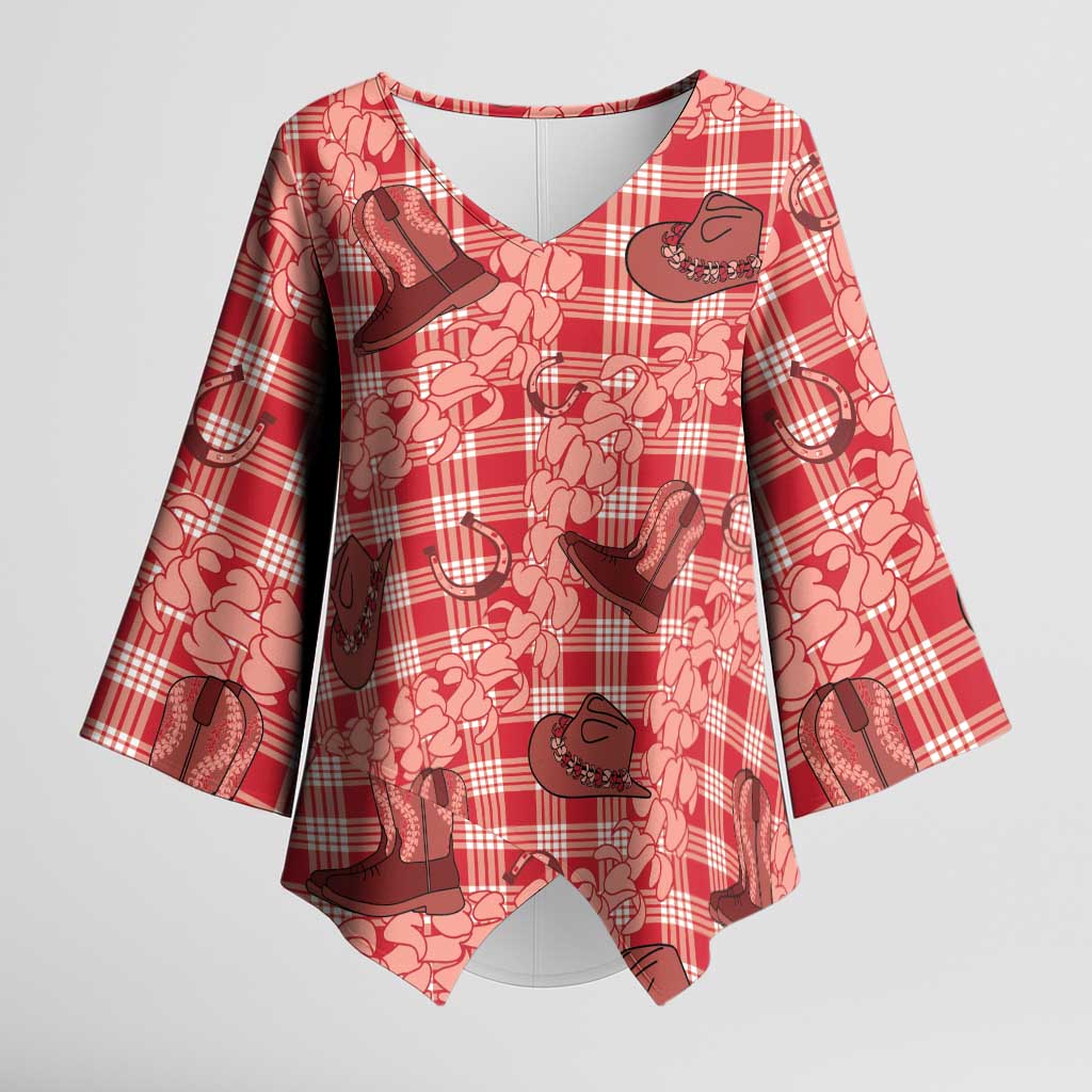 Red Palaka Hawaii Cowboy Kimono Sleeve Blouse Puakenikeni Lei Paniolo Papale Seamless Vibes - Polynesian Pride