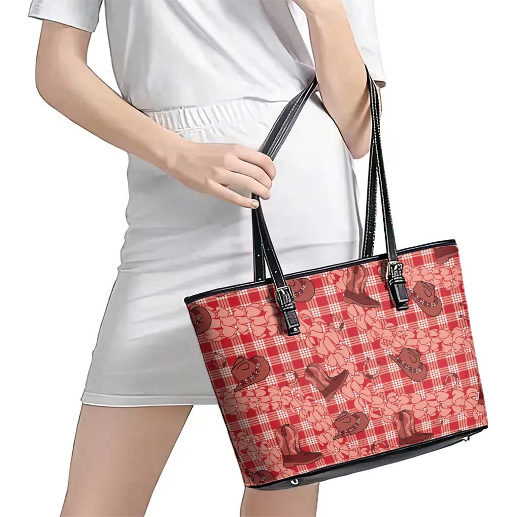 Red Palaka Hawaii Cowboy Leather Tote Bag Puakenikeni Lei Paniolo Papale Seamless Vibes - Polynesian Pride