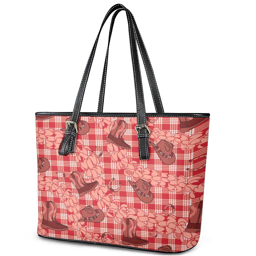 Red Palaka Hawaii Cowboy Leather Tote Bag Puakenikeni Lei Paniolo Papale Seamless Vibes - Polynesian Pride