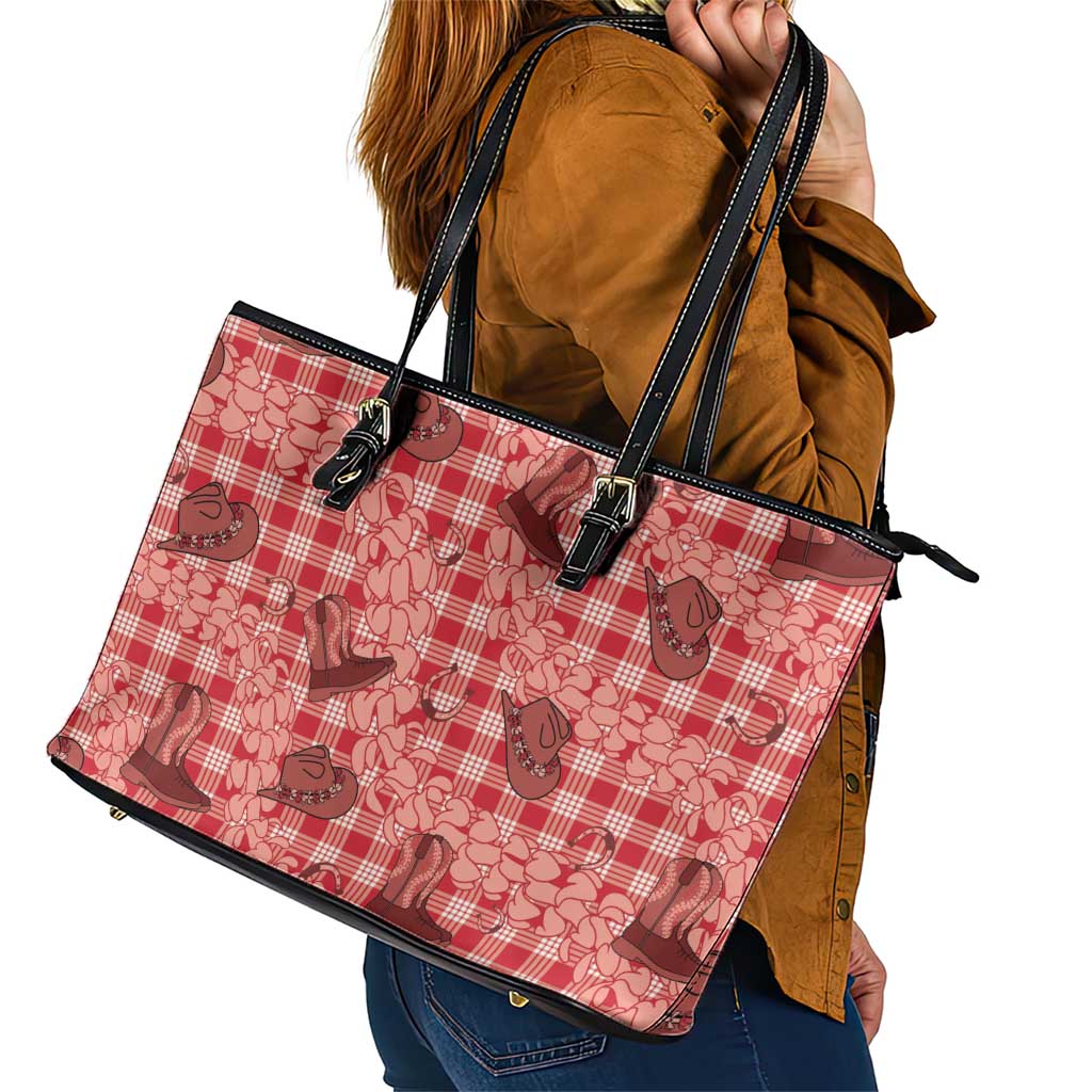 Red Palaka Hawaii Cowboy Leather Tote Bag Puakenikeni Lei Paniolo Papale Seamless Vibes - Polynesian Pride