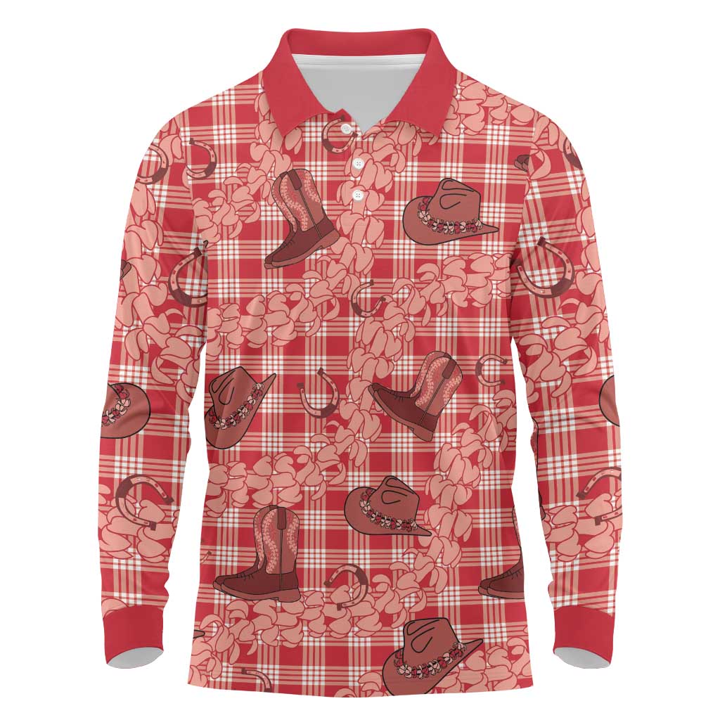Red Palaka Hawaii Cowboy Long Sleeve Polo Shirt Puakenikeni Lei Paniolo Papale Seamless Vibes - Polynesian Pride