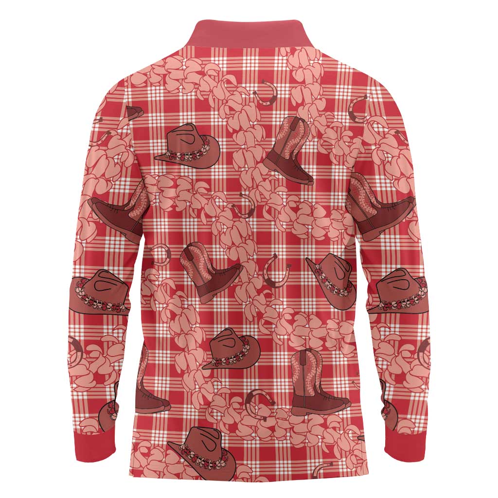Red Palaka Hawaii Cowboy Long Sleeve Polo Shirt Puakenikeni Lei Paniolo Papale Seamless Vibes - Polynesian Pride