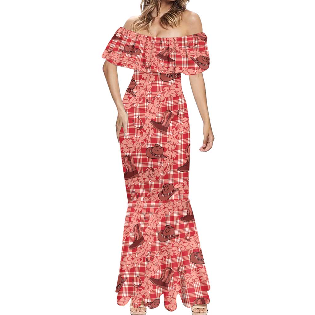 Red Palaka Hawaii Cowboy Mermaid Dress Puakenikeni Lei Paniolo Papale Seamless Vibes - Polynesian Pride