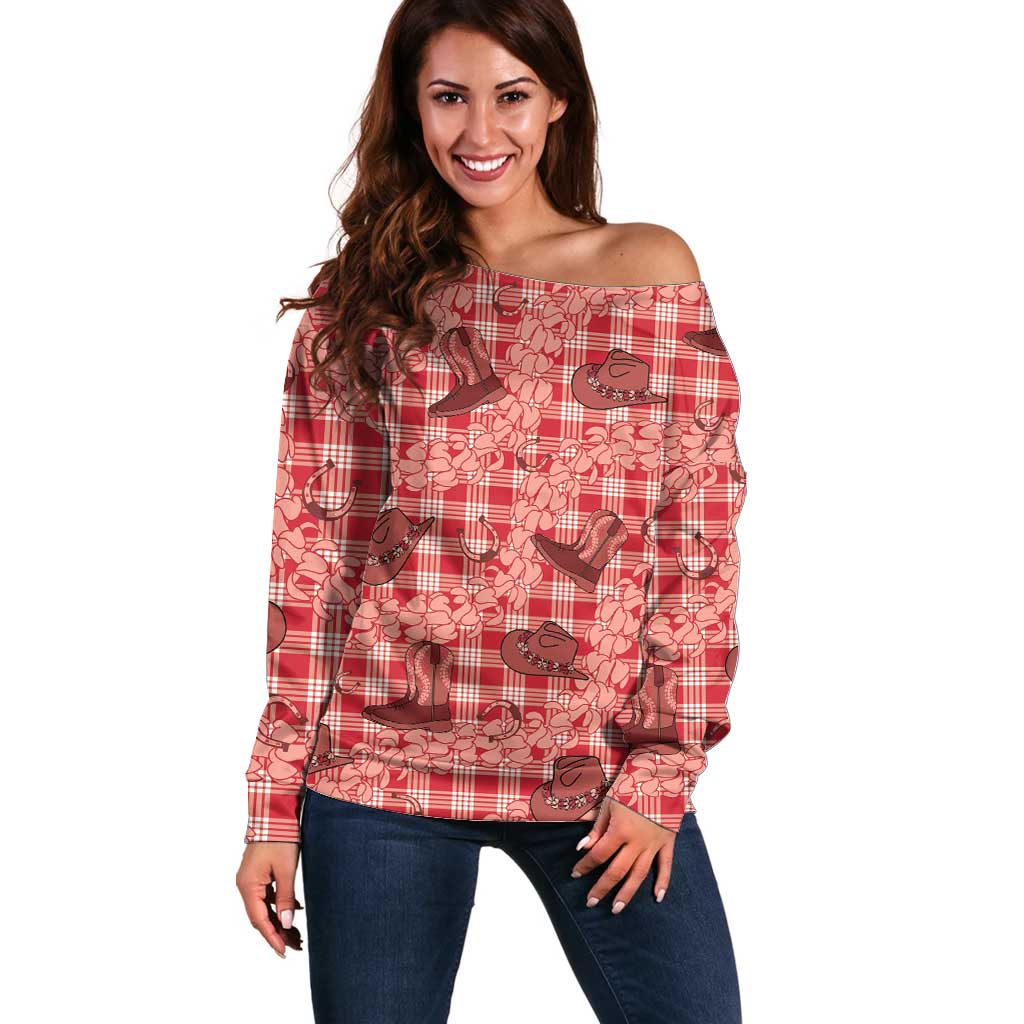 Red Palaka Hawaii Cowboy Off Shoulder Sweater Puakenikeni Lei Paniolo Papale Seamless Vibes - Polynesian Pride