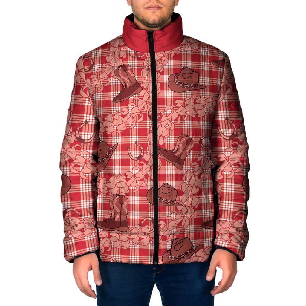 Red Palaka Hawaii Cowboy Padded Jacket Puakenikeni Lei Paniolo Papale Seamless Vibes - Polynesian Pride