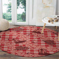 Red Palaka Hawaii Cowboy Round Carpet Puakenikeni Lei Paniolo Papale Seamless Vibes - Polynesian Pride