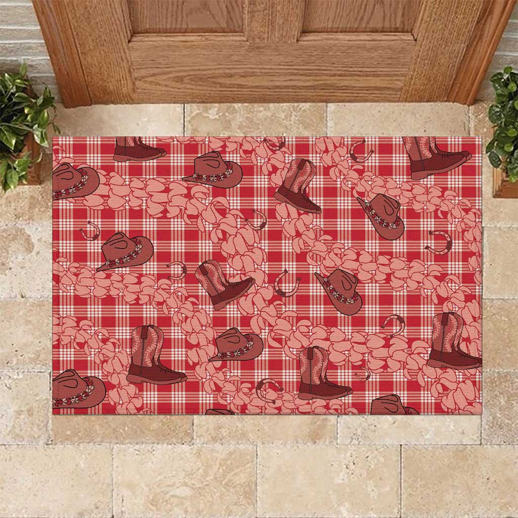 Red Palaka Hawaii Cowboy Rubber Doormat Puakenikeni Lei Paniolo Papale Seamless Vibes - Polynesian Pride