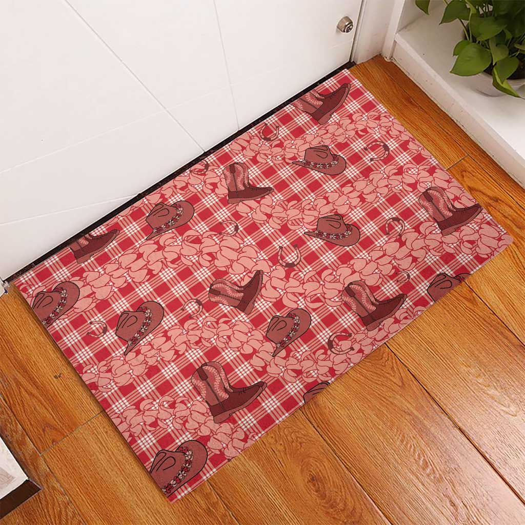 Red Palaka Hawaii Cowboy Rubber Doormat Puakenikeni Lei Paniolo Papale Seamless Vibes - Polynesian Pride